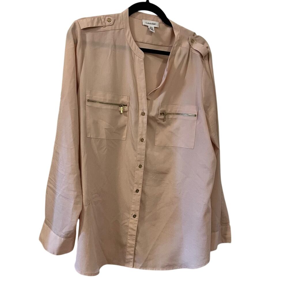 Calvin Klein Button Up Blouse Blush Pink Gold Hardware XL